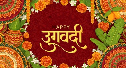 Ugadi festival greeting with flowers and fruits