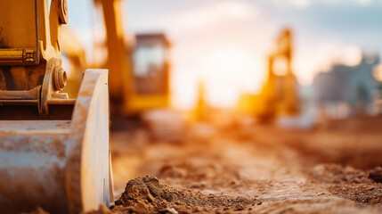 Ground level view of construction site with blurred excavators working in background on sunny day, low angle perspective, defocused heavy machinery operations, civil engineering pr