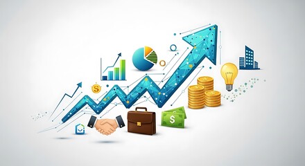 Dynamic Business Growth Chart with Financial Icons and Upward Arrow.