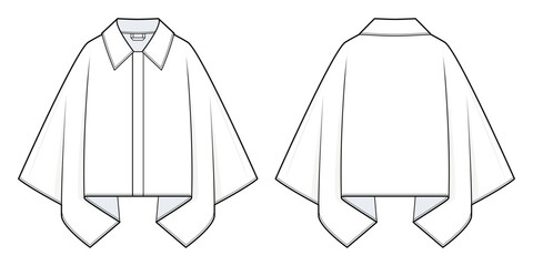 Draped Cape-Sleeve Shirt Technical Fashion Illustration. Asymmetric Hem Blouse Vector Template. Front and Back Views. Relaxed Fit. CAD Mockup Set.