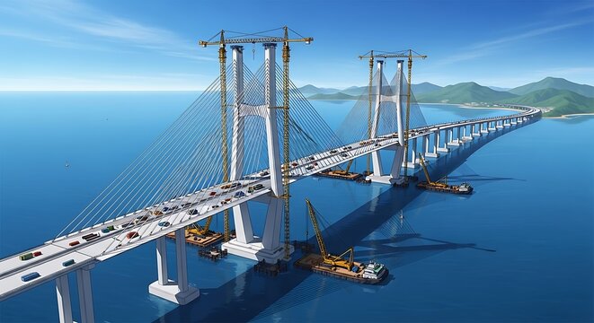 Architectural visualization of a massive bridge under construction over the sea.