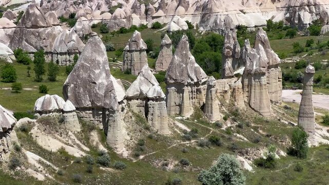 The Valley of Love in Goreme National Park. Unique rocks of various shapes. Sandstone cliffs. The wonders of Cappadocia are rock formations. The unusual shapes of the rocks are the property of Turkey.