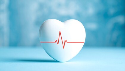A 3D rendered white heart shape on a light blue background. A red lifeline appears across the center. The image has soft lighting and a blurred backdrop