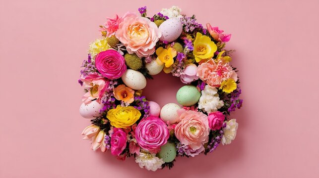 Vibrant spring floral wreath featuring pastel speckled easter eggs - Powered by Adobe
