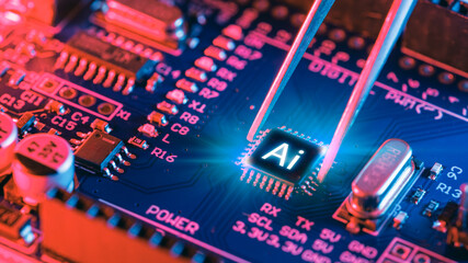 Ai Chips, AI microprocessor, Artificial intelligent memory computer processor on circuit board.