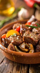 Fototapeta premium Beef tapas with vegetables baked in olive oil served in a rustic bowl on wooden table with garlic and herbs
