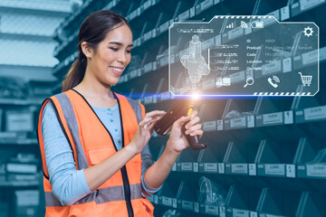 Woman engineer technician staff work in factory products store room warehouse management control