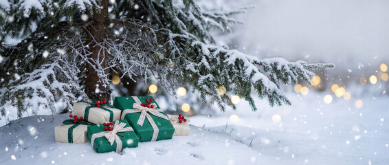 Snow covered evergreen tree with wrapped christmas presents and falling snowflakes in a serene festive winter holiday landscape