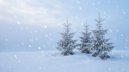 Fototapeta premium Snow covered evergreen trees standing in tranquil winter landscape during gentle snowfall and serene seasonal weather background