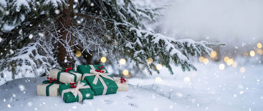 Snow covered evergreen tree with wrapped christmas presents and falling snowflakes in a serene festive winter holiday landscape - Powered by Adobe