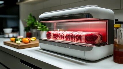 A close-up shot of a meat aging machine with a large cut of beef inside showcases modern culinary