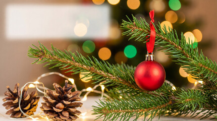 Red christmas bauble hanging on evergreen branch with pine cones and festive lights against blurred colorful holiday bokeh background
