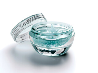 Small round transparent glass container with removable lid on white background