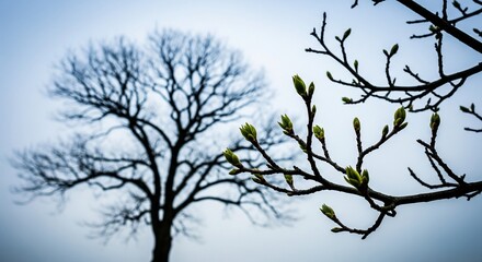 Fototapeta premium Bare Winter Tree with First Tiny Green Buds, Symbol of Renewal
