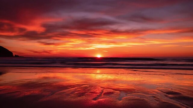 A breathtaking panoramic view captures a vibrant sunset over a tranquil ocean shoreline, where the sky explodes with fiery orange, deep red, and soft purple hues. The radiant sun dips towards the hori