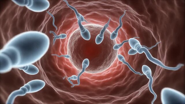 macro style 3D view of sperm cells swimming through a translucent biological pathway toward the egg cell
