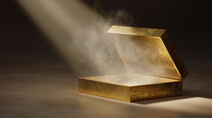 Open golden box releases dust in bright light, creating a mystical effect in a dark setting with rays highlighting the particles floating in the air