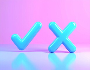 Check mark and cross in aqua color, 3d render, vector like isolated on pink background, yes, no symbol vector, ok, button, illustration, choice, vote icon, cancel, checkbox, right correct wrong sign