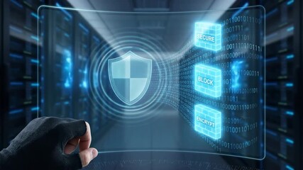 Hand in black glove touching a digital security shield on a futuristic holographic interface. Cybersecurity concept with binary code and server room background. Network protection and encryption - Powered by Adobe
