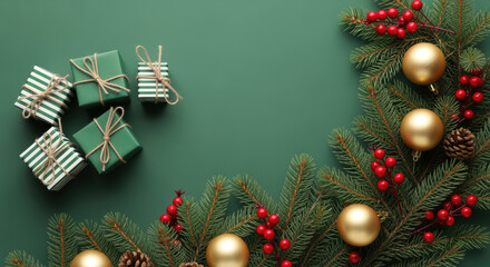 Festive christmas composition with green gift boxes, golden baubles, pine branches and red berries on green background