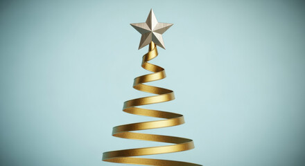 Minimalist golden ribbon christmas tree spiral with metallic star topper on blue background for modern festive decoration design