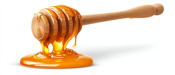 Honey drips from a wooden dipper onto a smooth surface during daytime