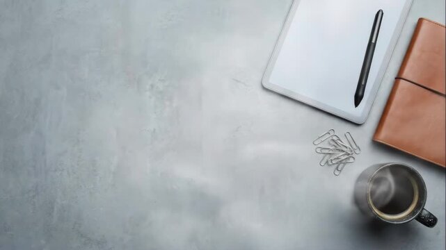 Top view of a modern workspace with a tablet, leather notebook, and steaming coffee. Flat lay office desk background with copy space for text. Business planning concept