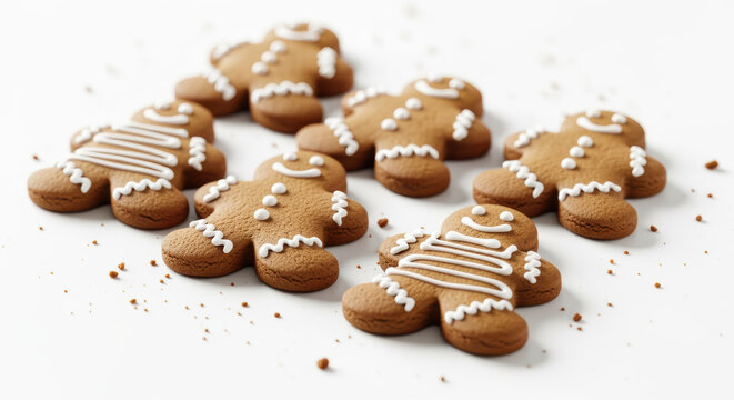 Freshly baked gingerbread cookies in the shape of people decorated with white icing on a clean white background