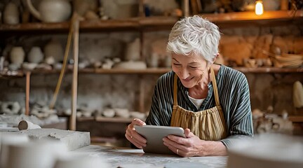 Smiling senior woman potter using digital tablet in ceramic workshop