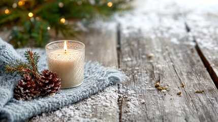 A candle is lit on a table with pine cones and a blue blanket