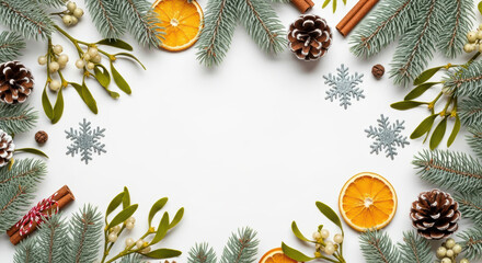 Festive christmas composition with fir branches, dried oranges, mistletoe, pine cones, cinnamon sticks and snowflakes on white background