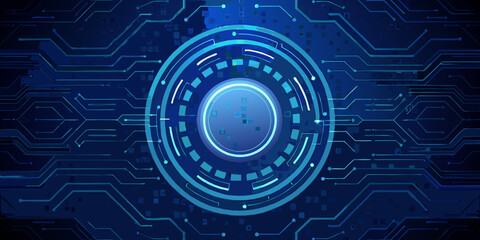 Abstract blue digital circuit board with a central glowing circular focus