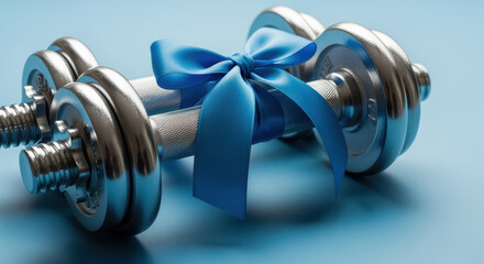Shiny metal dumbbells tied with blue ribbon on pastel background symbolizing fitness gift, wellness motivation and healthy lifestyle