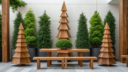Christmas decorate wooden trees and benches create festive outdoor scene with green plants and modern patio furniture for holiday gatherings