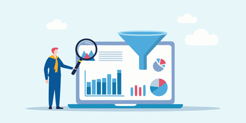 Data analysis with a funnel and laptop illustration focusing on insights