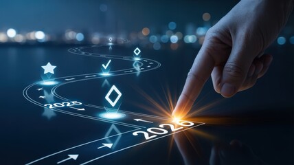 Finger pointing towards the year 2026 on a futuristic digital roadmap