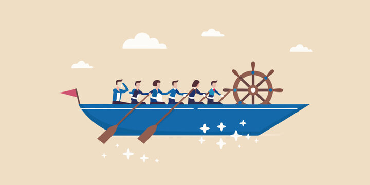 Teamwork at sea people rowing a boat towards a ship s wheel
