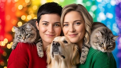 Family homo affective celebrating Christmas with pets included, heartwarming scene, Christmas rainbow background