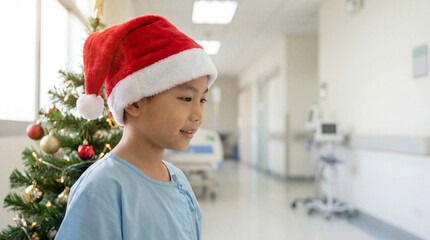 Smiling child in hospital wearing festive santa hat near decorated christmas tree in bright corridor during holiday season
