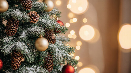 Frosted christmas tree with golden baubles, red ornaments, pine cones and warm bokeh lights creating a cozy festive holiday atmosphere