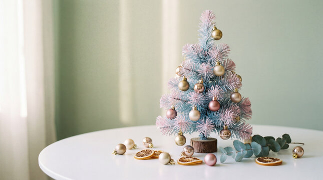 Pastel christmas tree with delicate ornaments on white table beside dried citrus slices and eucalyptus in soft green room