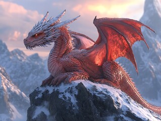 Crimson Dragon's Perch: A Majestic Guardian Surveying the Icy Peaks at Sunset