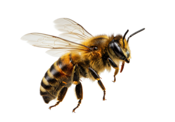 Highly detailed honey bee, fuzzy golden-brown body, striped abdomen, mid-flight, blurred wings, isolated on transparent background, concept of natural beauty, science, and wonder