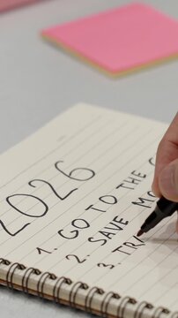 Close-up of hand writing New Year 2026 goals in notebook. Resolution list, personal planning, motivation and self-improvement concept for the upcoming year.