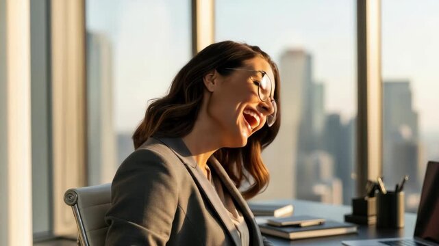 Woman laughing near window with city skyline in background
