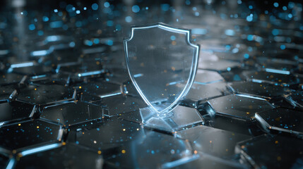 Transparent digital shield icon standing on a dark futuristic hexagonal surface symbolizing data security