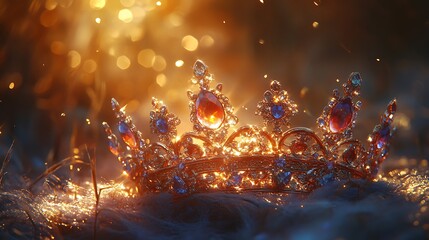 Enchanted jeweled crown resting on a mystical bed, illuminated by golden light