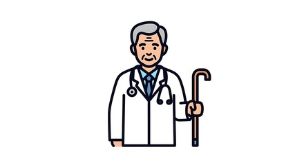 Illustration of an Elderly Doctor with a Cane.