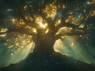 Mystical luminous tree with ethereal light illuminating the surrounding landscape