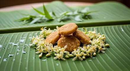 Palm leaf with jaggery and orange blossoms